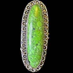 Apple Green Gaspeite Turquoise Long Stone Sterling Overly Ring Size 8